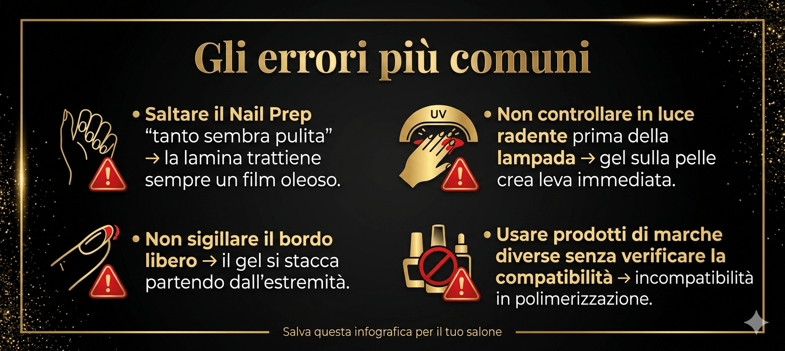 infografica con i 4 errori più comuni che causano sollevamenti del gel — guida tecnica per onicotecniche professioniste